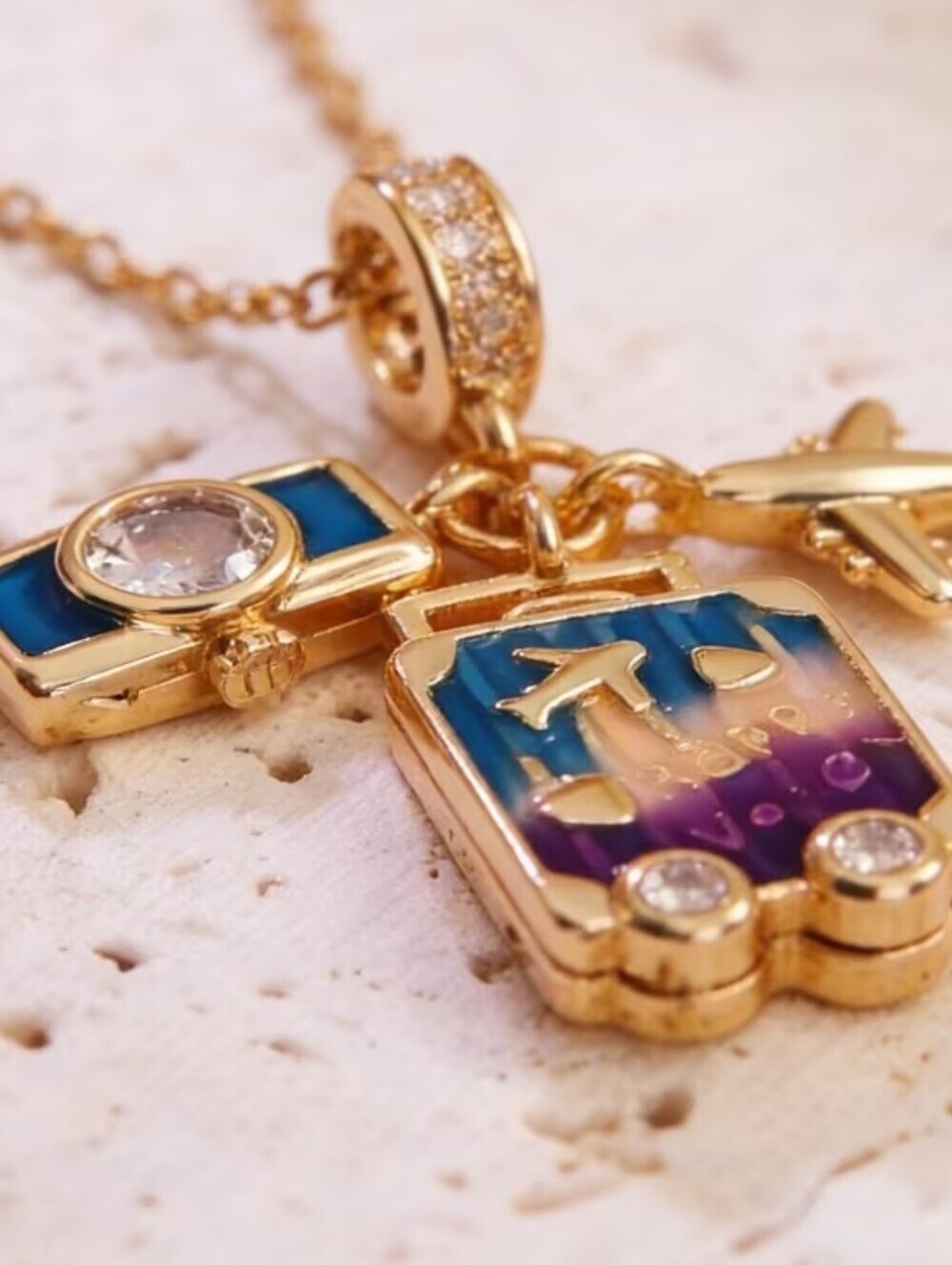 Travel Suitcase Charm Necklace Gold Airplane Passport Vacation Pendant Gift - Picture 4 of 14